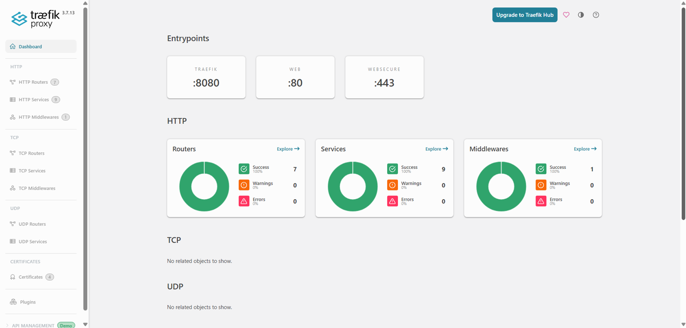 traefik dashboard showing entrypoints traefik 8080, web 80 and websecure 443, with 7 routers, 9 services and 1 middleware, all successful